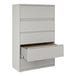 A gray five-drawer lateral file cabinet with one drawer open, designed for office storage and organization.