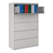 A gray five-drawer lateral file cabinet with a roll-out binder storage shelf at the top.