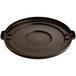 A round black plastic lid for a Lavex 55 gallon commercial trash can.