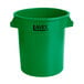 A green plastic Lavex round trash can with black text.