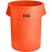 An orange plastic trash can with the word Lavex on it.