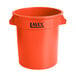 An orange Lavex round commercial trash can with black text.