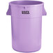 A purple Lavex plastic trash can with handles and a lid.