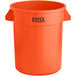 An orange plastic Lavex trash can with the word "Lavex" on it.