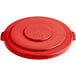 A red plastic lid for a Lavex 55 gallon commercial trash can.