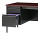A charcoal Hirsh Industries right corner pedestal desk with a drawer and file cabinet.