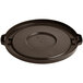 A brown plastic lid for a round Lavex commercial trash can.
