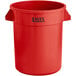 A red Lavex plastic utility trash can with handles.