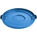 A blue plastic lid for a Lavex 55 gallon round trash can with a handle and a circle in the middle.