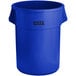 A blue Lavex 55 gallon round trash can with a lid.