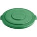 A green plastic lid for a Lavex 55 gallon commercial trash can.