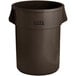 A brown Lavex plastic trash can with a round lid.