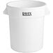 A white round Lavex commercial trash can with black text.