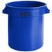 A blue Lavex round commercial trash can with black handles and black text.