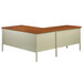 A Hirsh Industries left corner pedestal desk with a wooden top and two drawers.