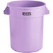 A purple plastic Lavex trash can with two handles and black text.