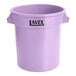 A purple Lavex round commercial trash can with black text.