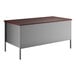 A Hirsh Industries double pedestal desk with a brown top and charcoal metal frame.