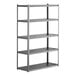 A grey metal Hirsh Industries boltless shelving unit with laminated shelves.