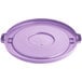 A Lavex purple plastic lid for a 44 gallon round trash can with a handle.