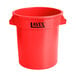 A red Lavex round commercial trash can with black text.