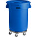 A blue plastic Lavex trash can with wheels.