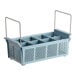 A grey plastic flatware rack with handles.