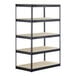 A black metal Hirsh Industries boltless shelving unit with four shelves.
