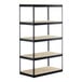 A black metal Hirsh Industries boltless shelving unit with four shelves.