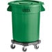 A Lavex green garbage can with wheels.