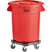 A red Lavex round commercial trash can on wheels.