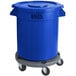 A Lavex blue plastic container with a lid and wheels.