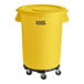 A Lavex yellow trash container with wheels and a lid.