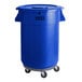 A Lavex blue plastic trash can with wheels.