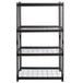 A black metal Hirsh Industries boltless shelving unit with wire decking on four shelves.