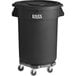 A Lavex black trash can with wheels and a lid.