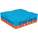 a blue and orange plastic crate