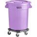 A Lavex 20 gallon purple plastic bin with wheels.