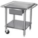 A stainless steel Advance Tabco mobile mixer table with a galvanized undershelf on wheels.