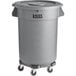 A Lavex gray trash can with lid and dolly wheels.