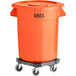 An orange Lavex 20 gallon trash container with wheels.