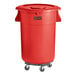 A red plastic Lavex 44 gallon trash can with wheels.