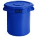 A blue plastic Lavex trash can with a lid.