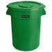 A green plastic Lavex 32 gallon round trash can with lid.