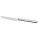 A close-up of a Oneida Chef's Table Satin stainless steel dinner knife with a silver handle.