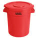 A red plastic Lavex trash can with a lid.