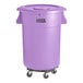 A Lavex purple plastic bin with a lid and dolly.