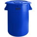 A blue plastic Lavex trash can with the lid open.