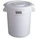 A white plastic Lavex trash can with a lid.