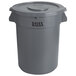 A gray plastic Lavex round trash can with a lid.